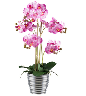 Orchidea ružová v striebornom kvetináči, 62cm